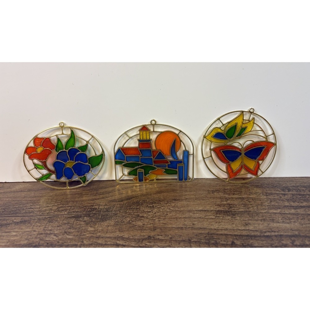 Lot Of 3 Vintage Plastic Sun Catcher Hand Painted Stained Window Hang Flowers